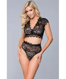 Two Piece Lace Eyelash Crop Bralette and High Waist Thong Set  XL