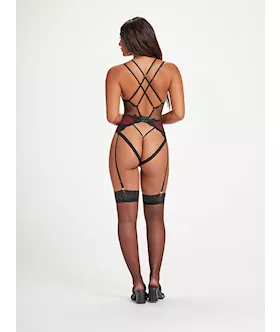 Nothing But Net Guipure Lace And Fishnet Teddy Stm-11456-black/wine-s