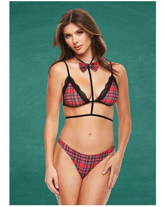 Teacher's Pet Baddie Schoolgirl Top W/bow Tie & Panty Red/black S/m
