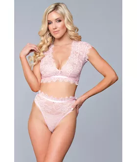 Two Piece Lace Eyelash Crop Bralette and High Waist Thong Set  M